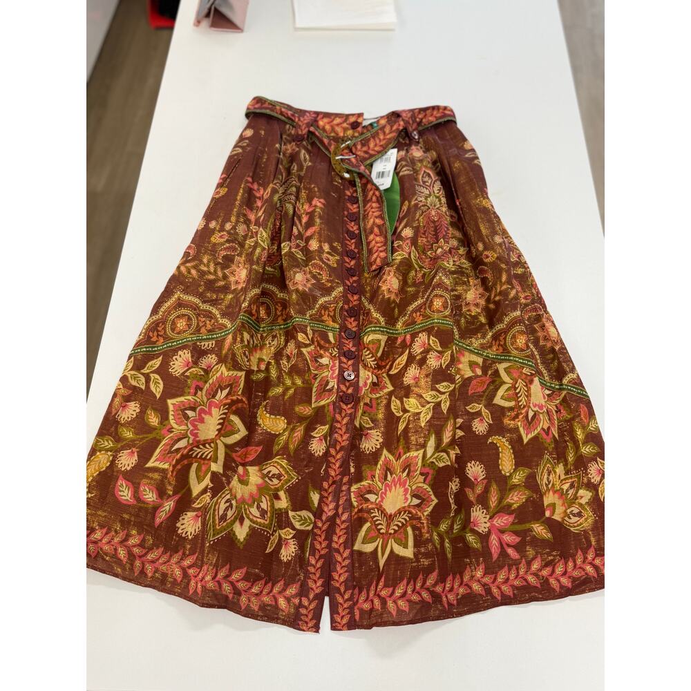 Farm Rio "Pineapple Dream" Midi Skirt Burgundy Size XS | NWT | Retail $270 |
